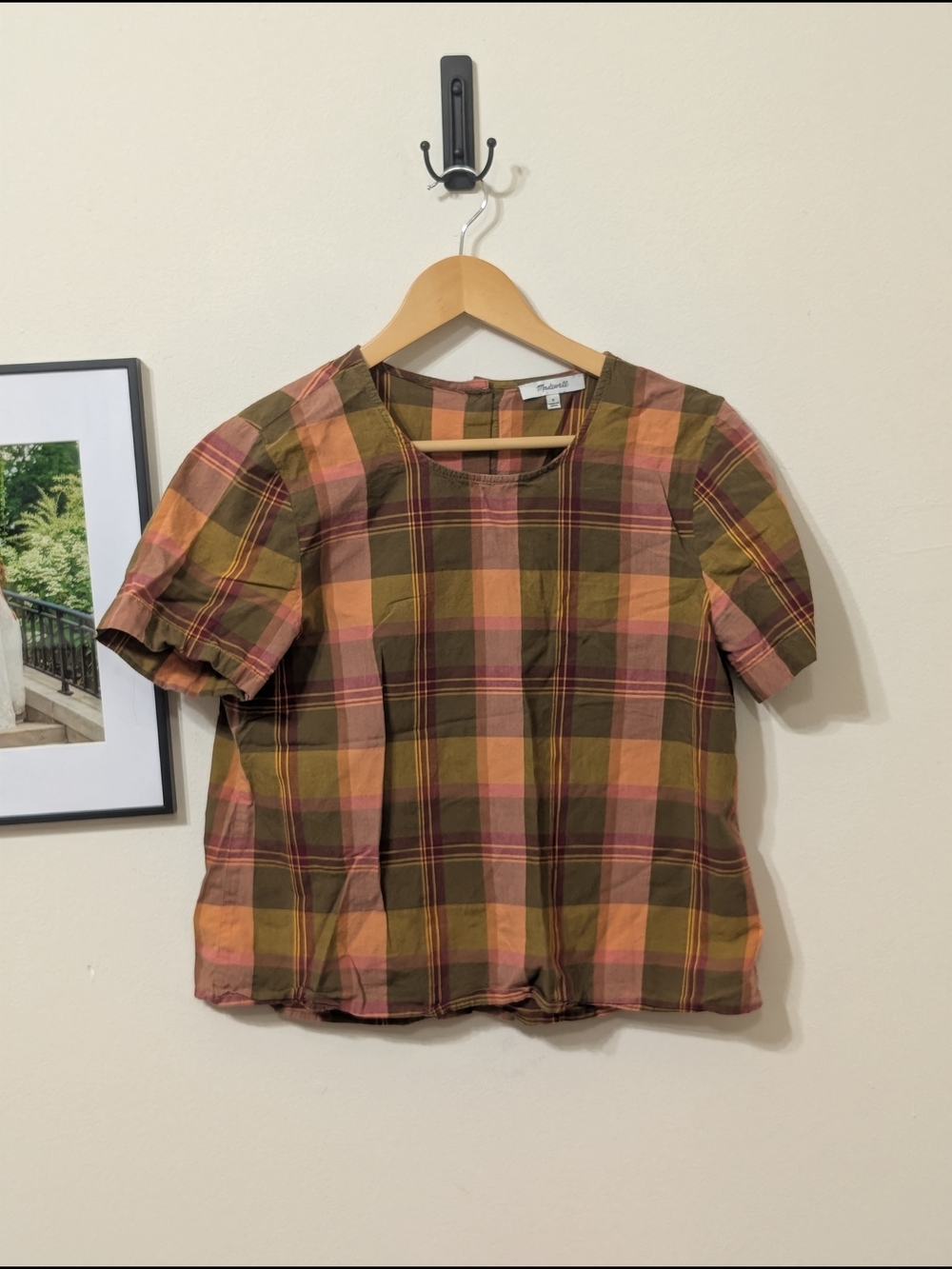 Madewell Olive & Pink Plaid Short Sleeve Top